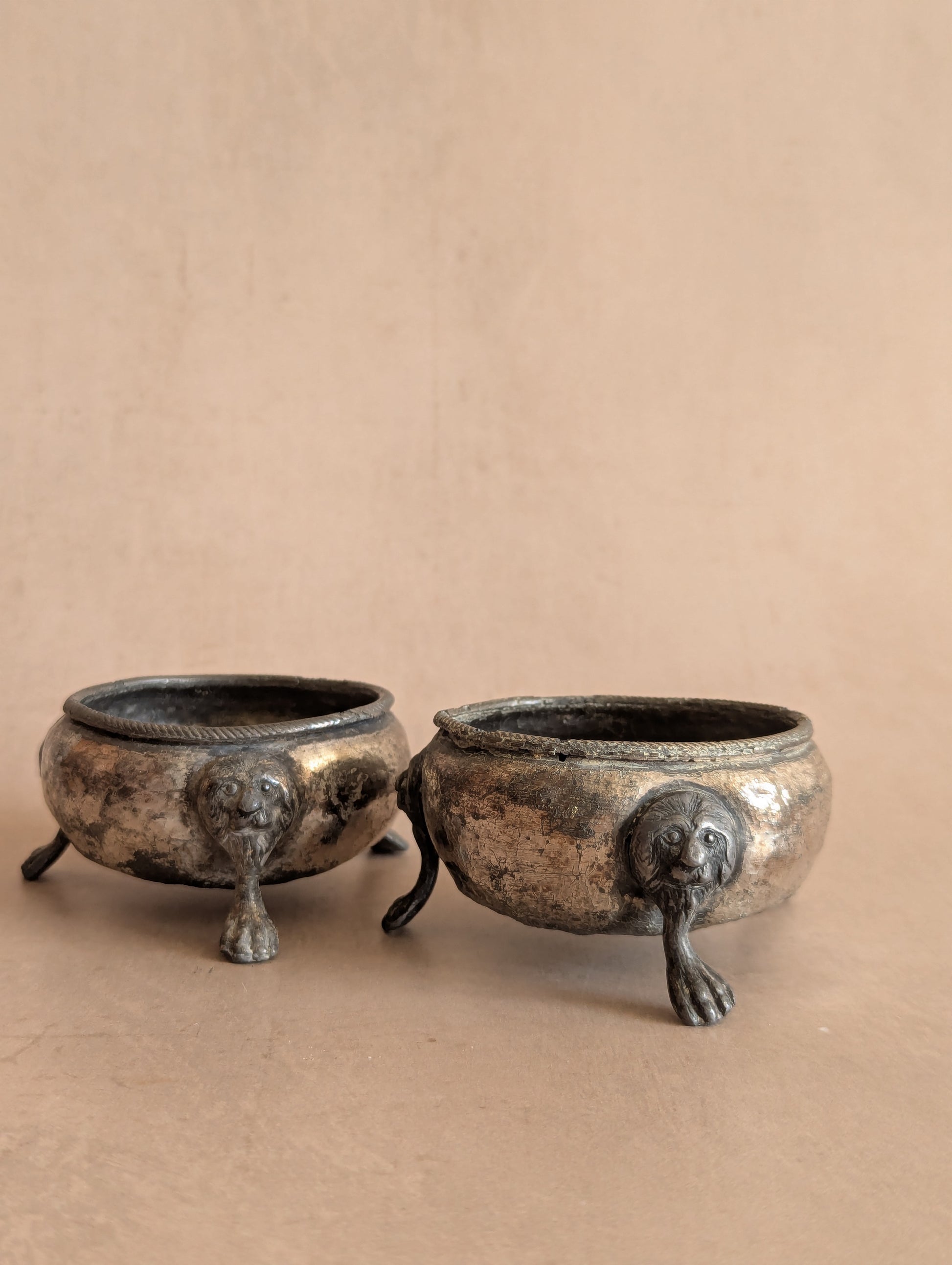 Antique 18th Century Lion Paw Salt Cellars, Set of Two