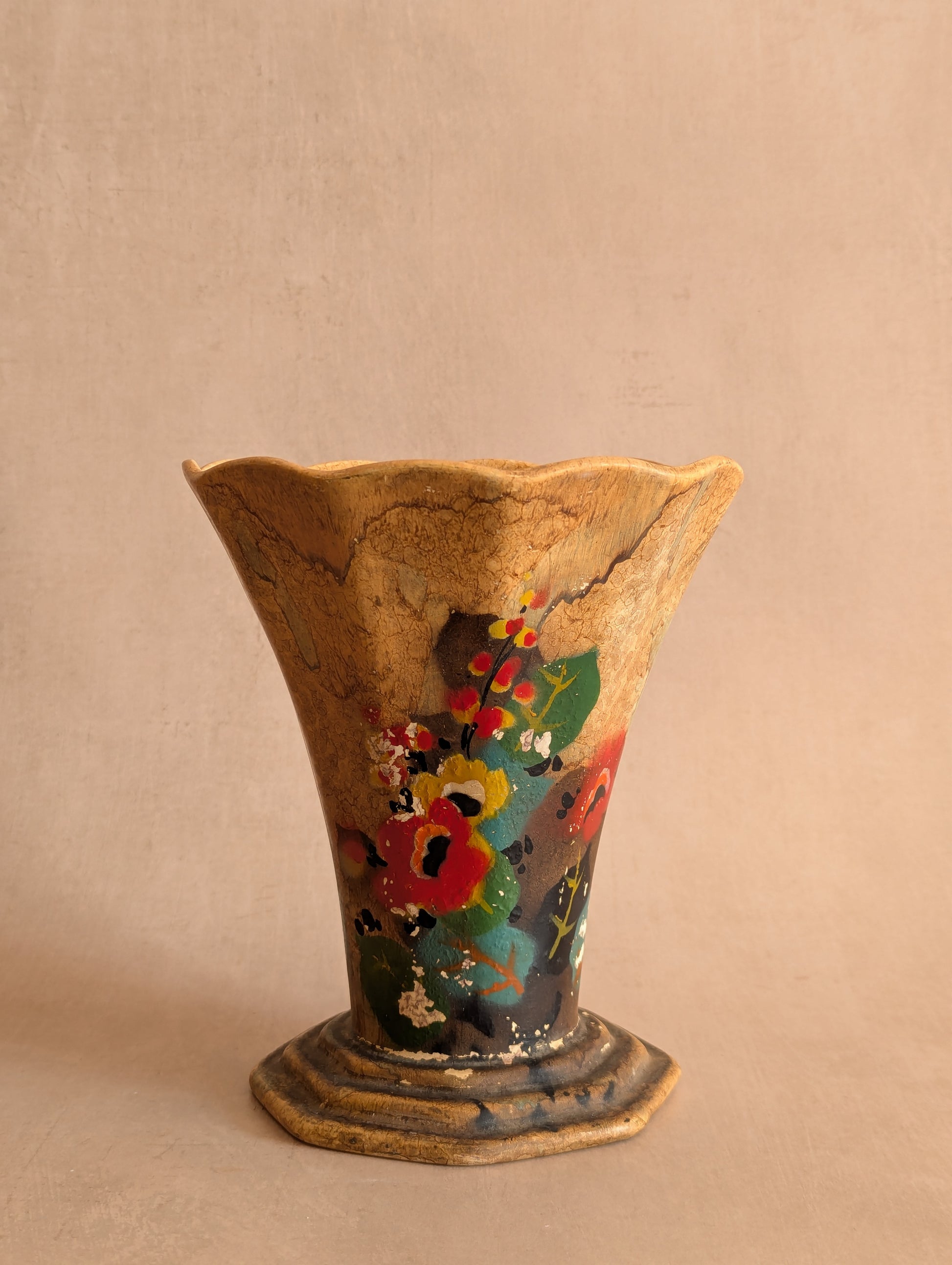 Antique 1920s Art Deco Unglazed Octagonal Floral Vase w/Frog