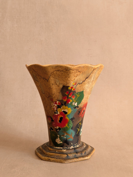Antique 1920s Art Deco Unglazed Octagonal Floral Vase w/Frog