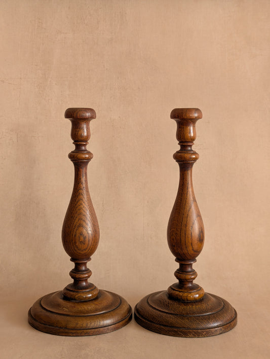 Antique English Oak Hand-Turned Candlestick Holders, Set of Two