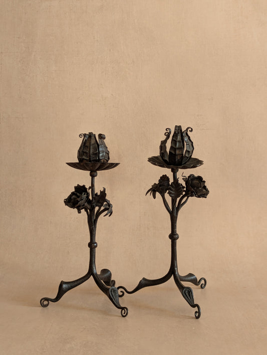 Antique Gothic Wrought Iron Floral Candlestick Holders