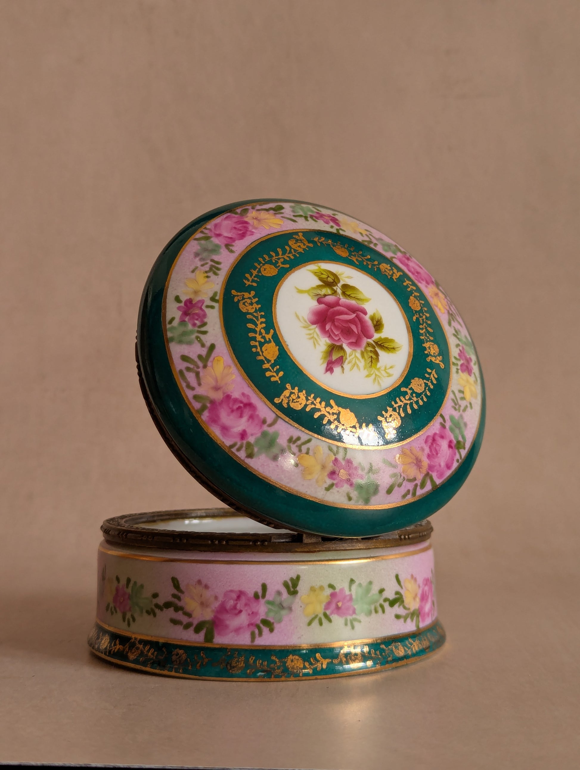 Antique Hand-Painted Teal & Pink Round Ceramic Trinket Box