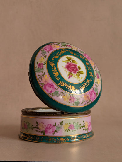 Antique Hand-Painted Teal & Pink Round Ceramic Trinket Box