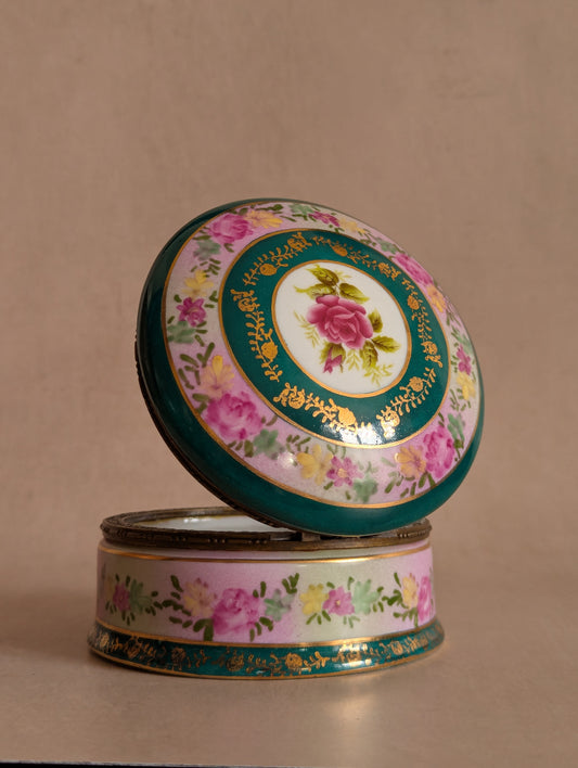 Antique Hand-Painted Teal & Pink Round Ceramic Trinket Box