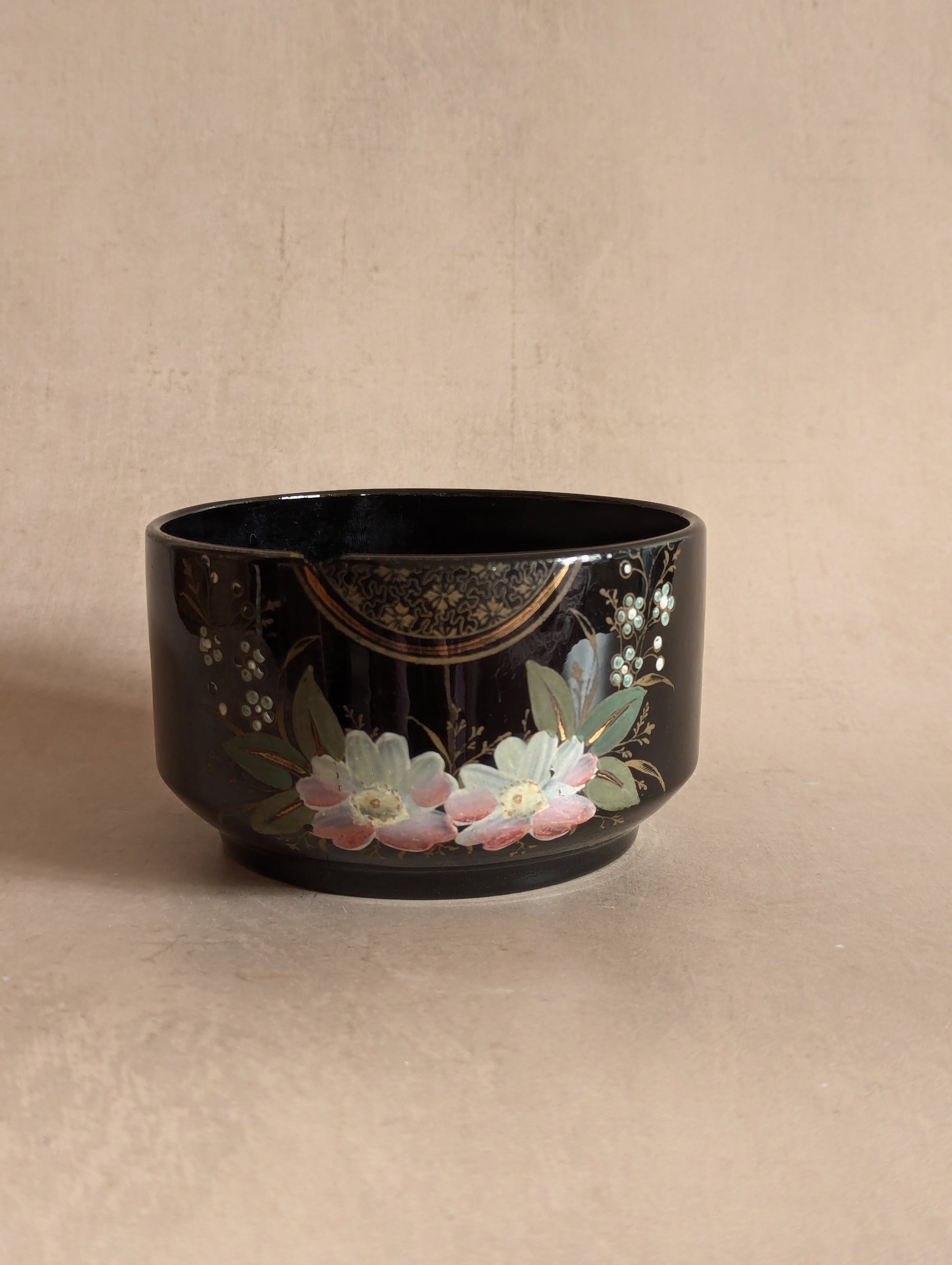 Antique Jackfield Pottery Black Floral Hand-Painted Earthenware Bowl