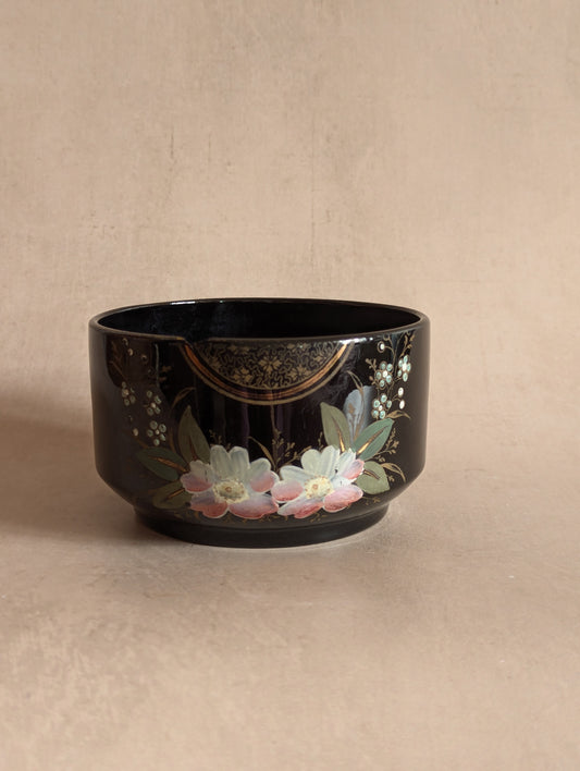 Antique Jackfield Pottery Black Floral Hand-Painted Earthenware Bowl