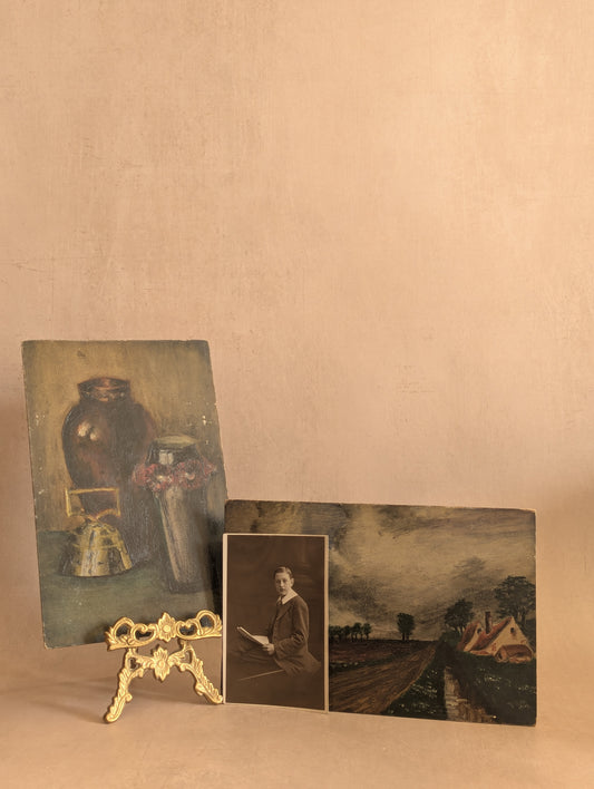 Antique dark and moody pair of small oil on board student paintings from 1912 by a 12-year-old boy alongside a small photo of the boy