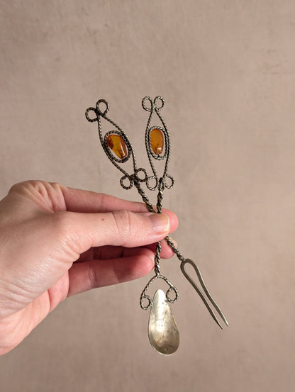 Antique Polish Arts & Crafts Amber Metal Cocktail Utensils