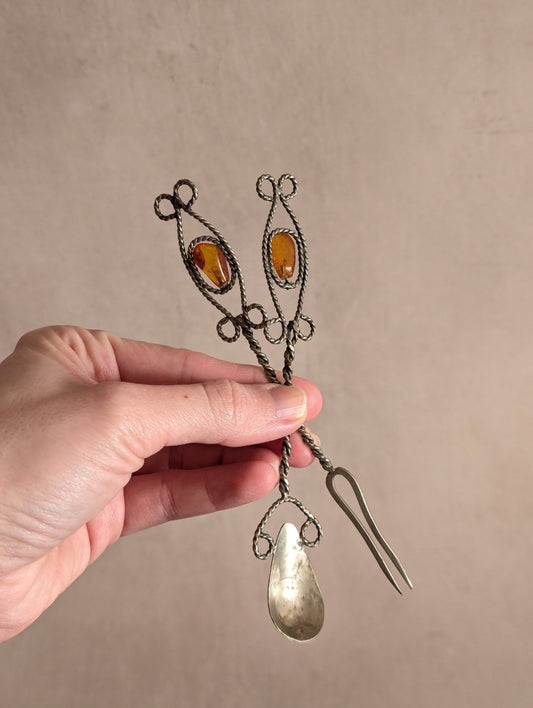 Antique Polish Arts & Crafts Amber Metal Cocktail Utensils