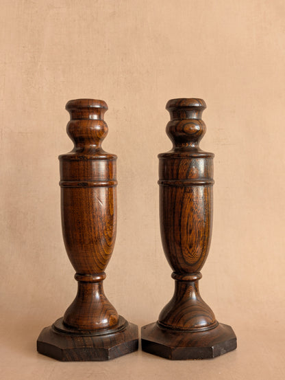 Antique Victorian Oak English Candlestick Holders, Set of Two