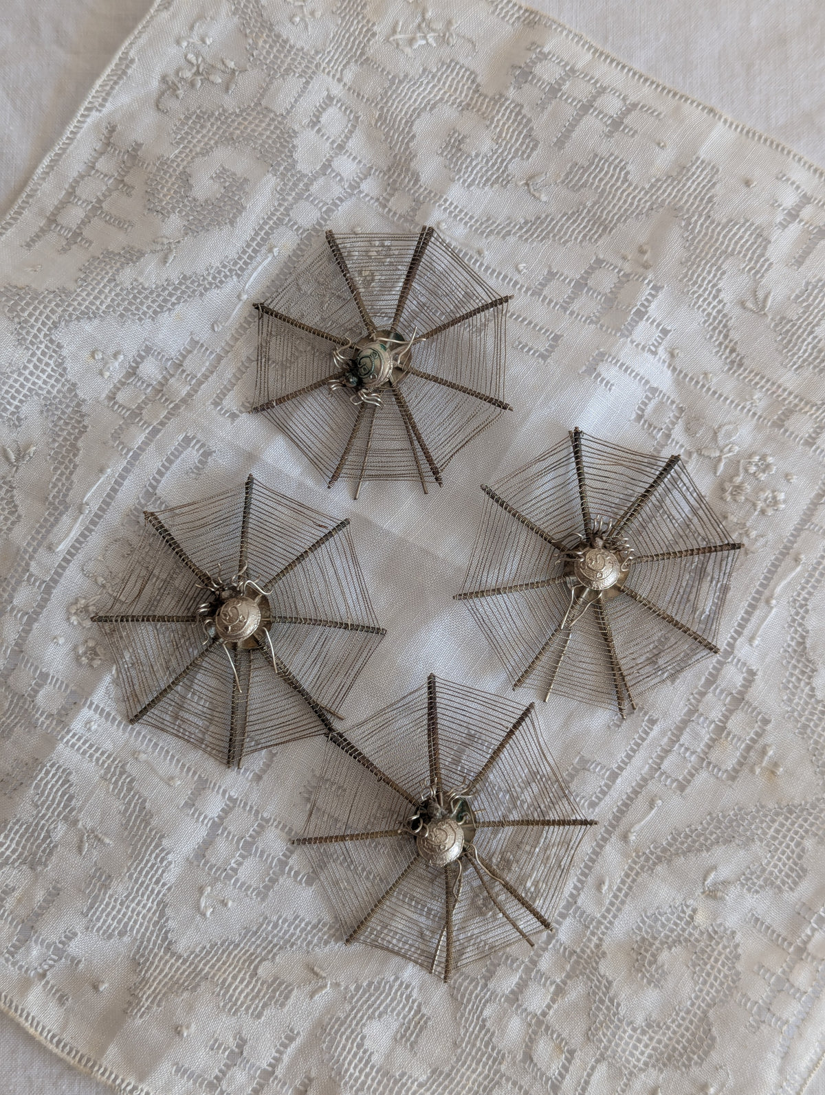 Antique Victorian Spiderweb Place Card Menu Holders, Set of Four