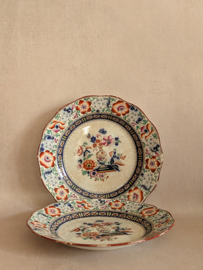 Antique Wedgwood Pearlware Floral Round Decorative Plates, Set of Two