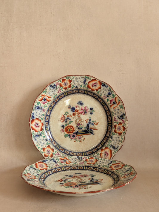 Antique Wedgwood Pearlware Floral Round Decorative Plates, Set of Two