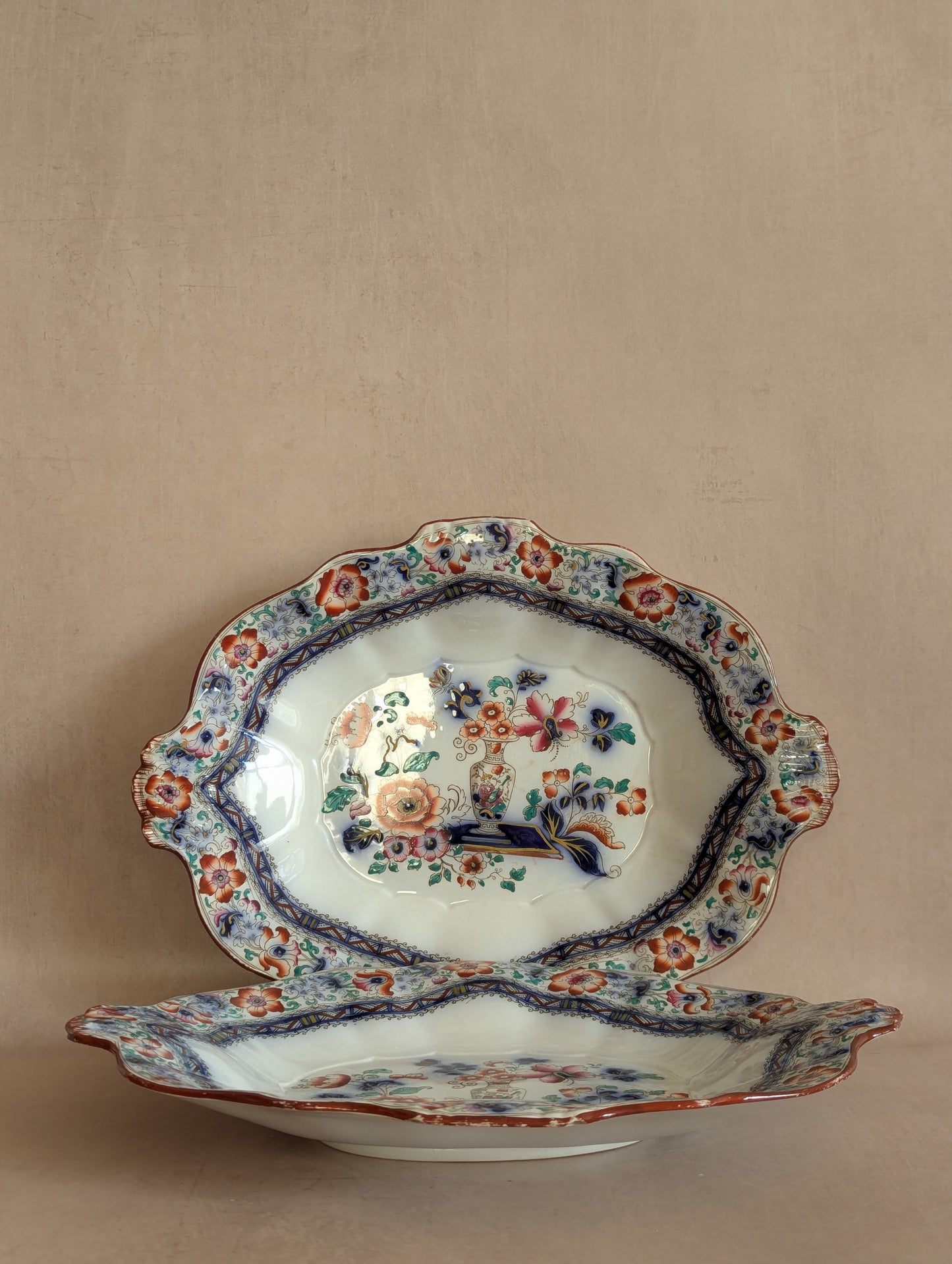 Antique Wedgwood Pearlware Oval Scalloped Decorative Plates, Set of Two