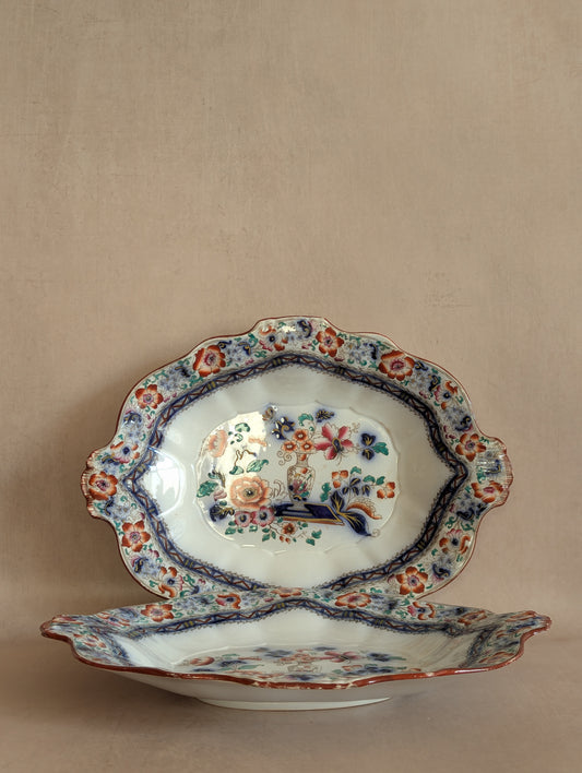 Antique Wedgwood Pearlware Oval Scalloped Decorative Plates, Set of Two