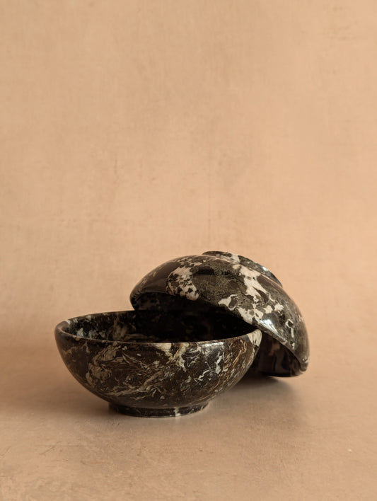 Black Zebra Marble Small Stone Bowls, Set of Two