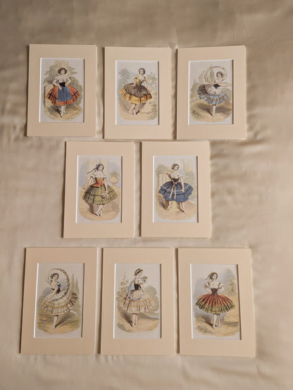 Antique Original 19th Century Baxter Prints, Dancing Ladies, Set of 8