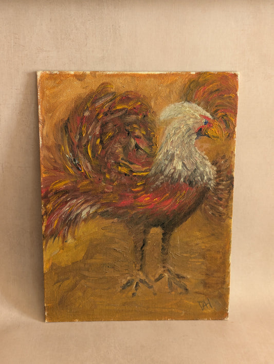 Rustic Mid-Century Farmhouse Chicken Painting, Original Oil on Board