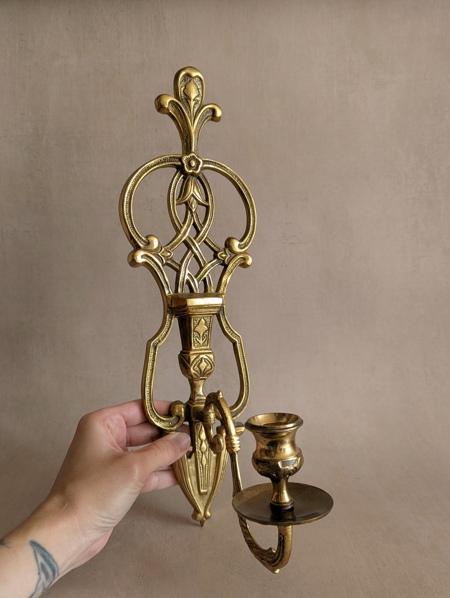 Single Vintage Solid Brass Ornate Candle Wall Sconce