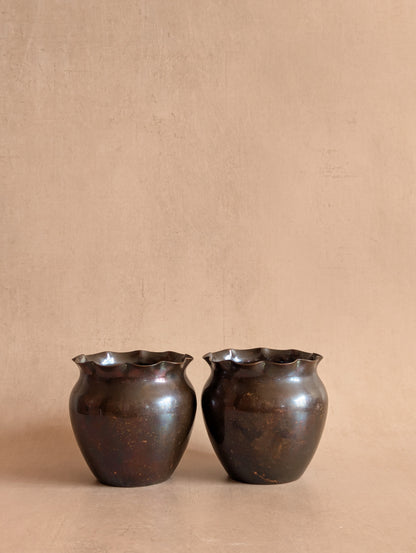 Small Antique Scalloped Copper Vases, Set of Two