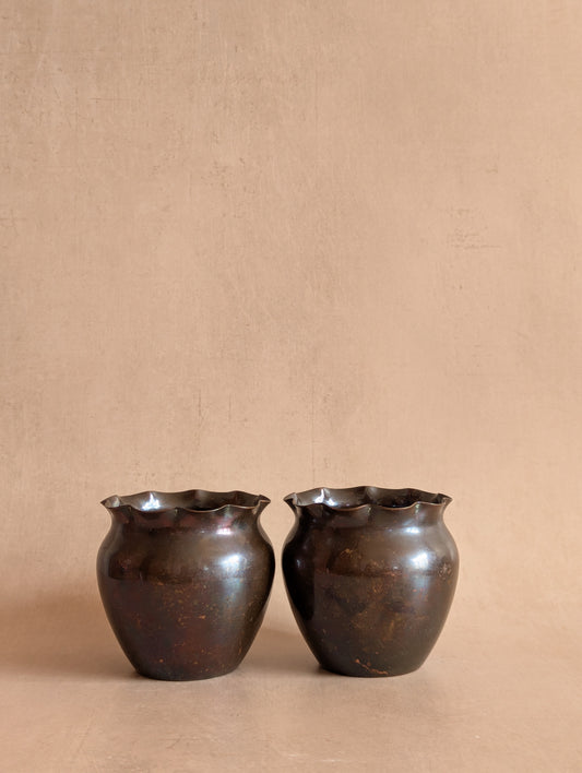 Small Antique Scalloped Copper Vases, Set of Two