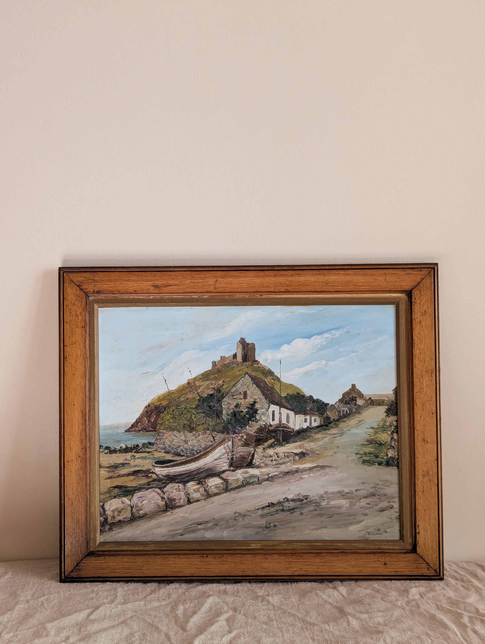Small Boat at Rest Framed Original Oil Painting, Vintage 1970s