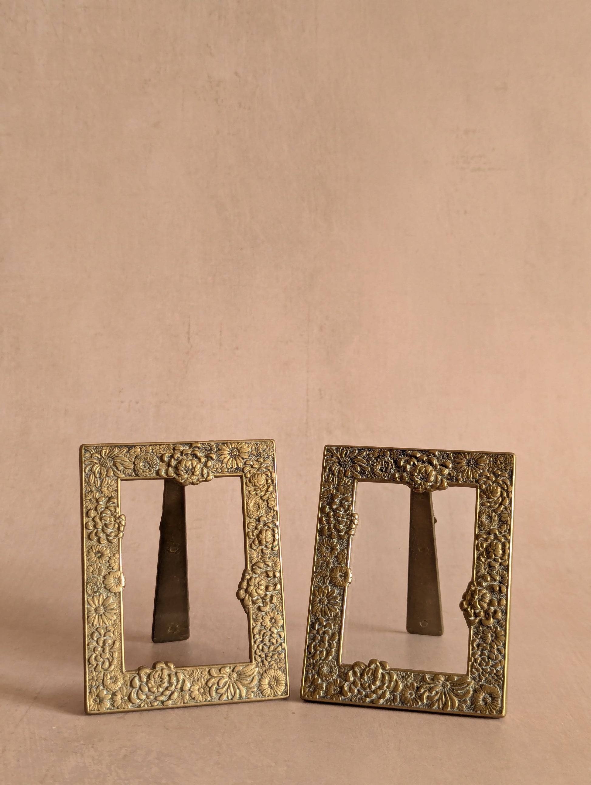 Small Solid Brass Antique Floral Tabletop Frames, Set of Two
