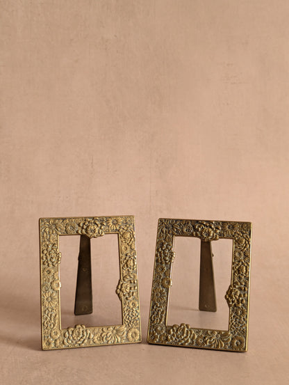 Small Solid Brass Antique Floral Tabletop Frames, Set of Two