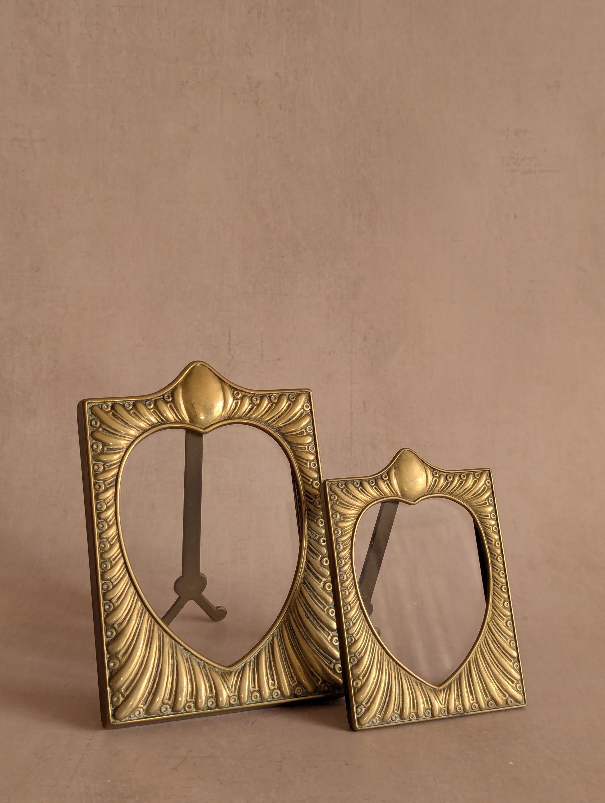 Solid Brass Antique Heart-Shaped Picture Frames, Set of Two