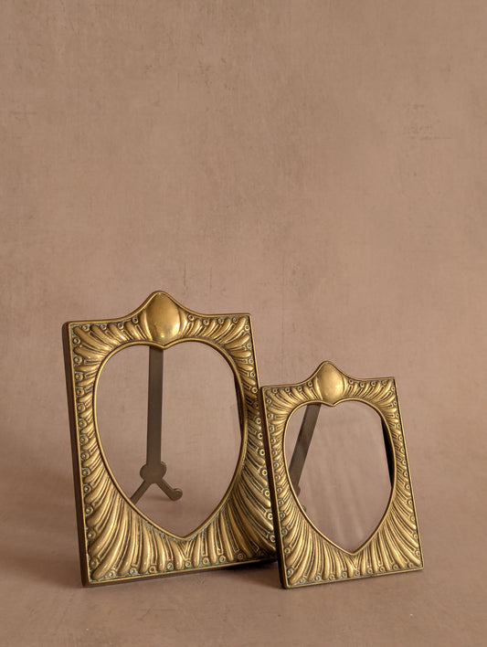 Solid Brass Antique Heart-Shaped Picture Frames, Set of Two