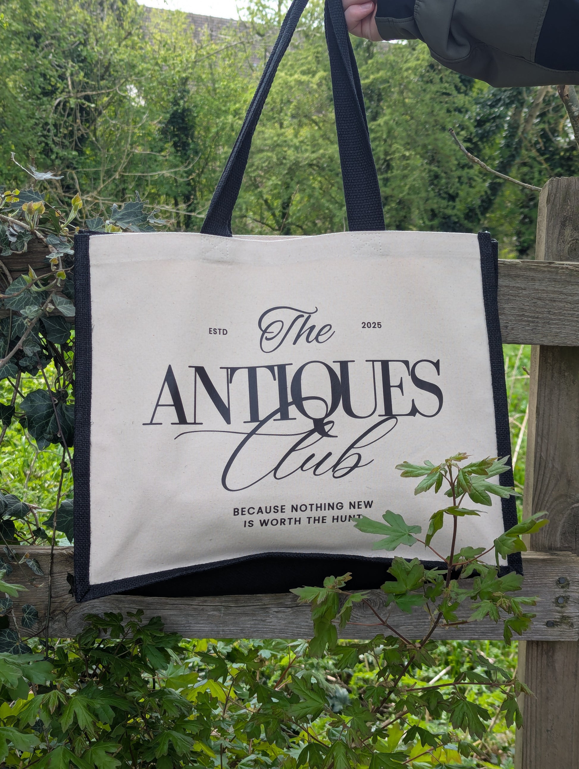 The Antiques Club Jute & Canvas Tote Bag because nothing new is worth the hunt