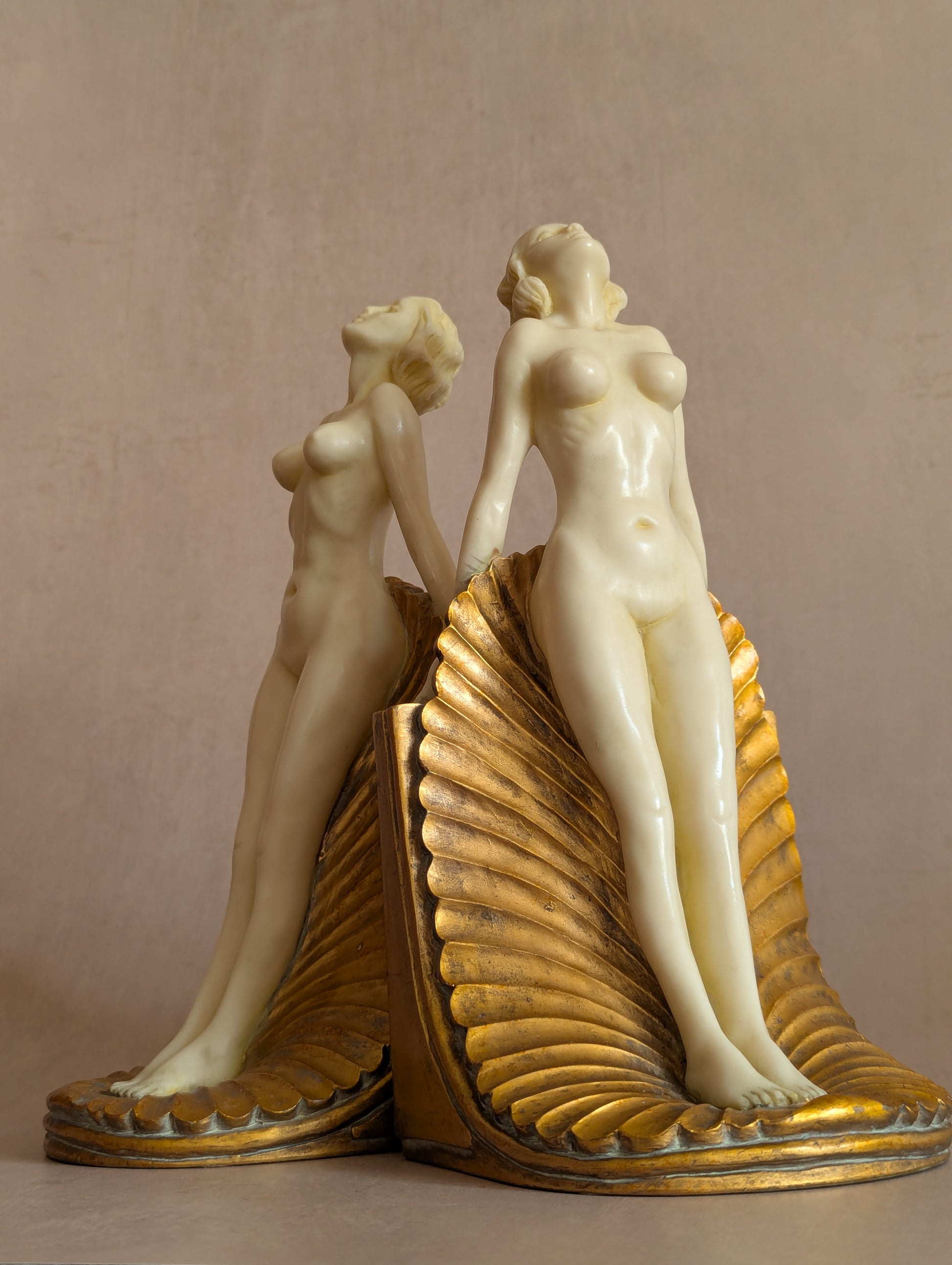 Vintage Art Deco Nude Figures on Shells Bookends