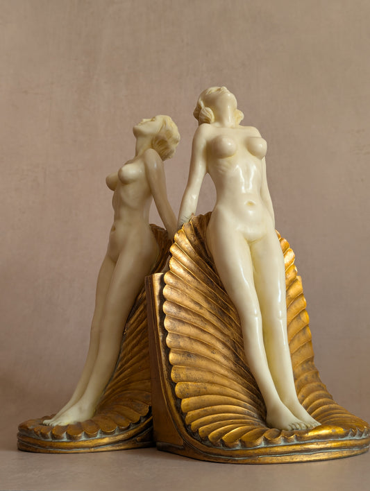Vintage Art Deco Nude Figures on Shells Bookends