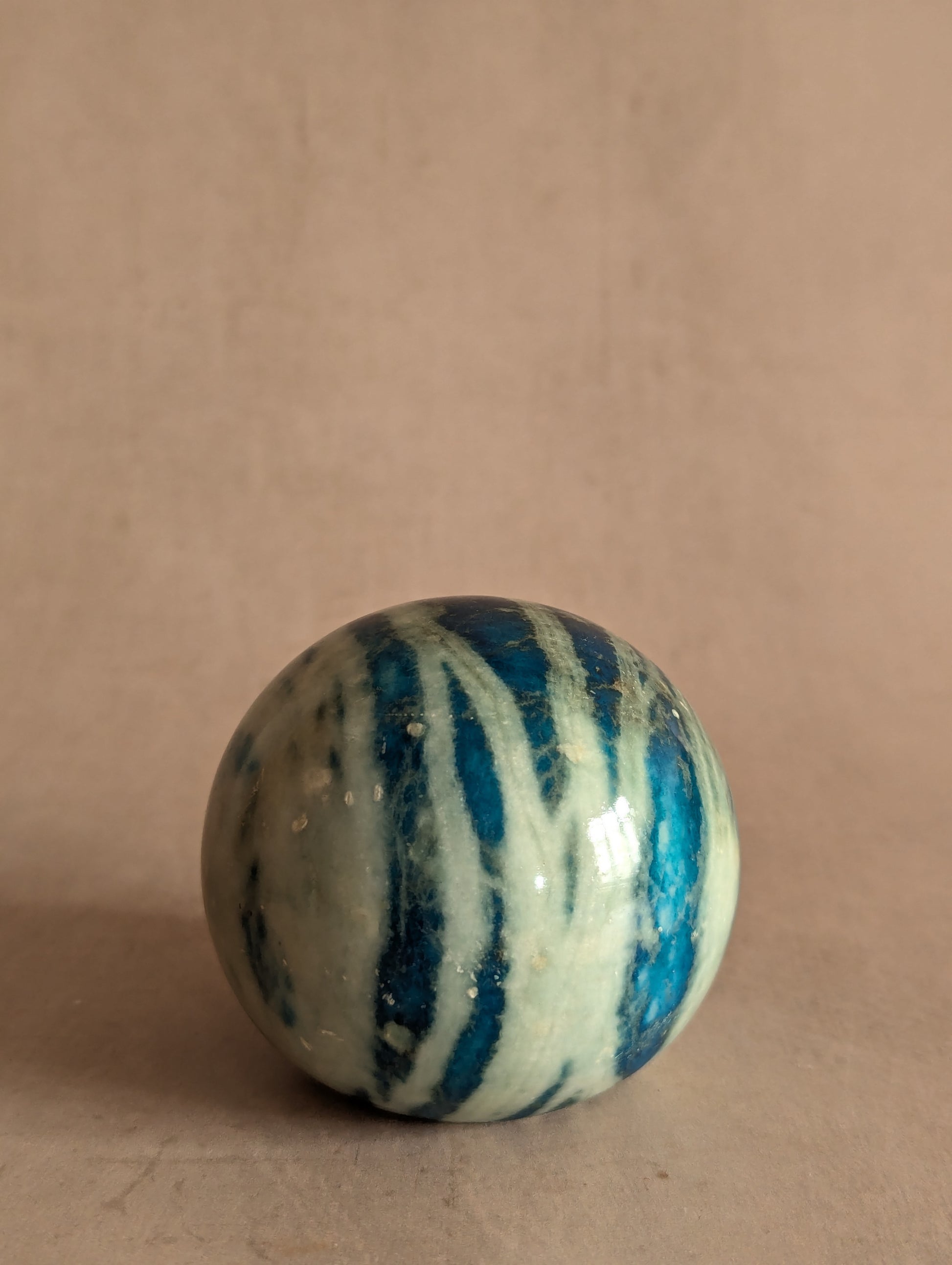 Vintage Blue Hand Carved Italian Alabaster Stone Sphere Paperweight