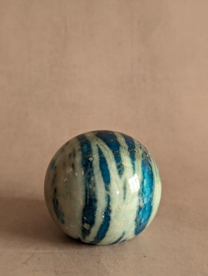 Vintage Blue Hand Carved Italian Alabaster Stone Sphere Paperweight