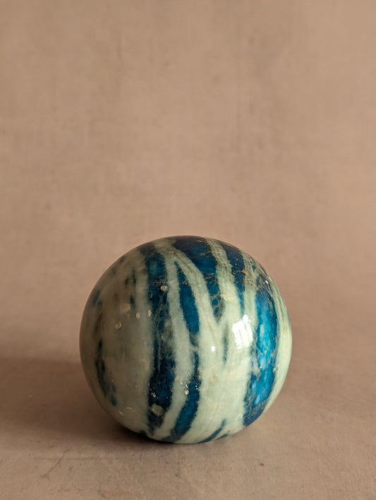 Vintage Blue Hand Carved Italian Alabaster Stone Sphere Paperweight