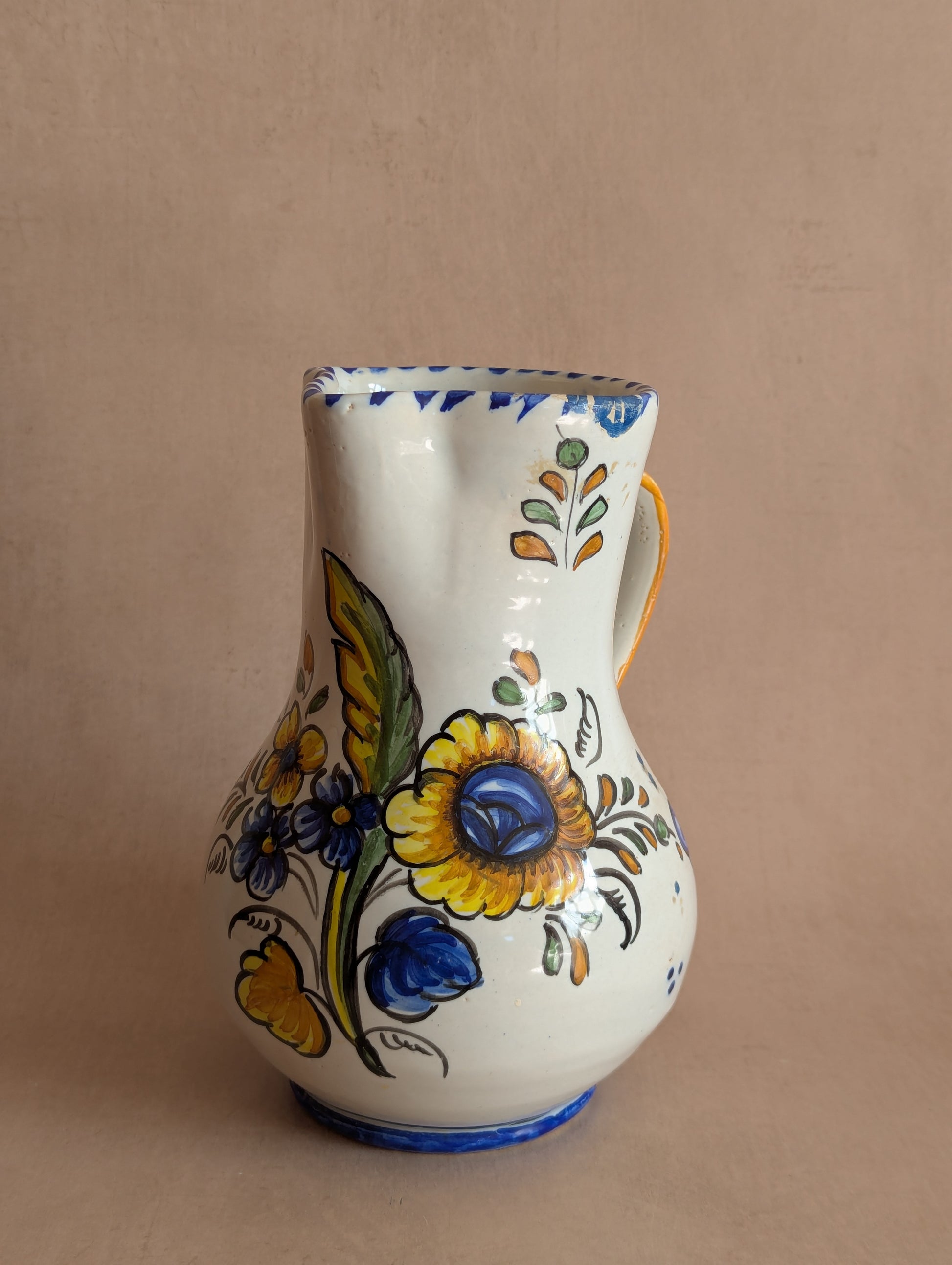 Vintage Blue & Yellow Rustic Hand-Painted Floral Jug