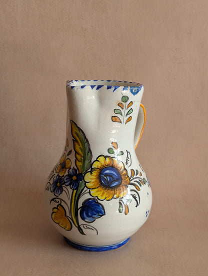 Vintage Blue & Yellow Rustic Hand-Painted Floral Jug