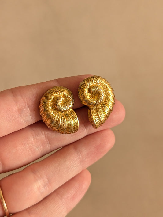 Vintage Christian Dior Gold Tone Nautilus Shell Clip On Earrings
