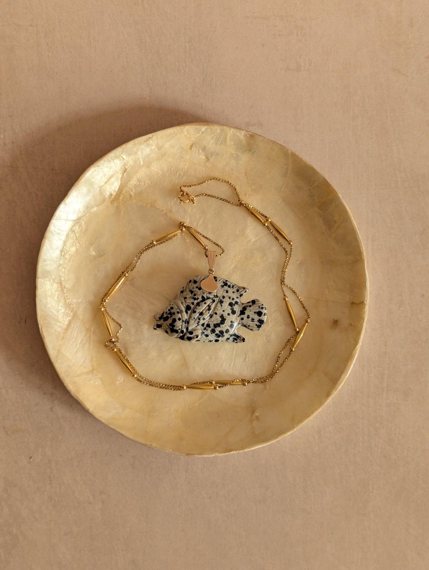 Vintage Dalmatian Jasper Carved Fish Gold Pendant Necklace