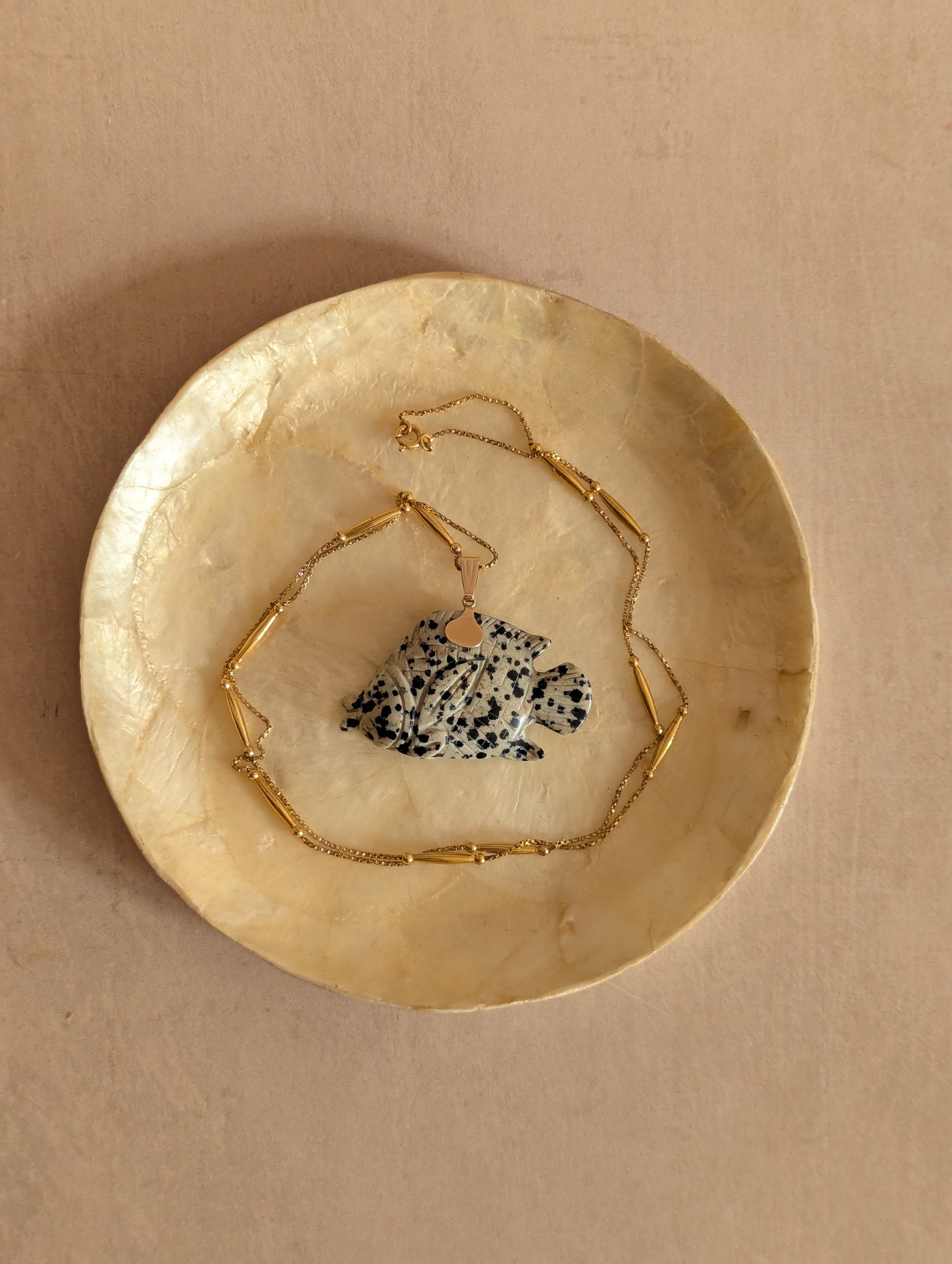 Vintage Dalmatian Jasper Carved Fish Gold Pendant Necklace