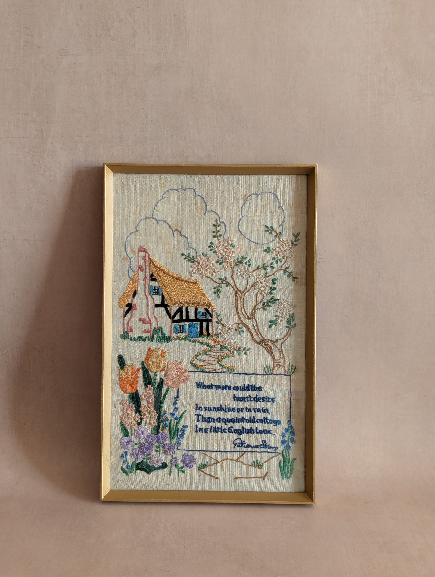 Vintage English Cottage Embroidered Poem by Patience Strong, Framed
