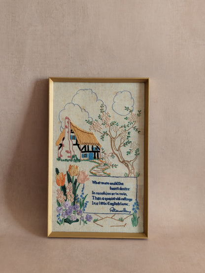 Vintage English Cottage Embroidered Poem by Patience Strong, Framed