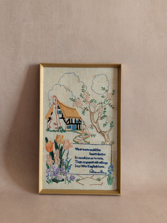 Vintage English Cottage Embroidered Poem by Patience Strong, Framed