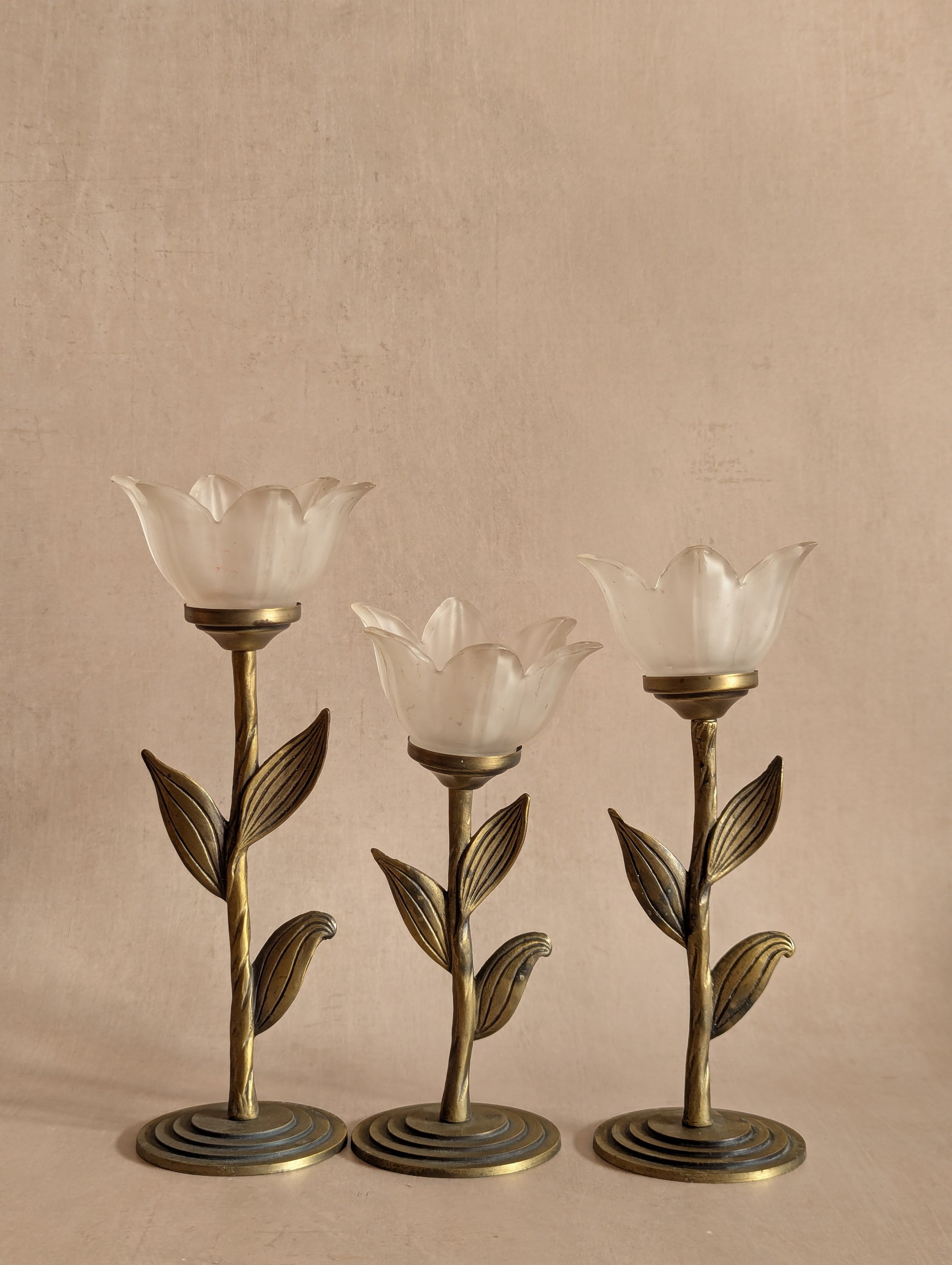 Vintage Frosted Flower Tealight Holders, Set of Three