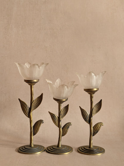 Vintage Frosted Flower Tealight Holders, Set of Three