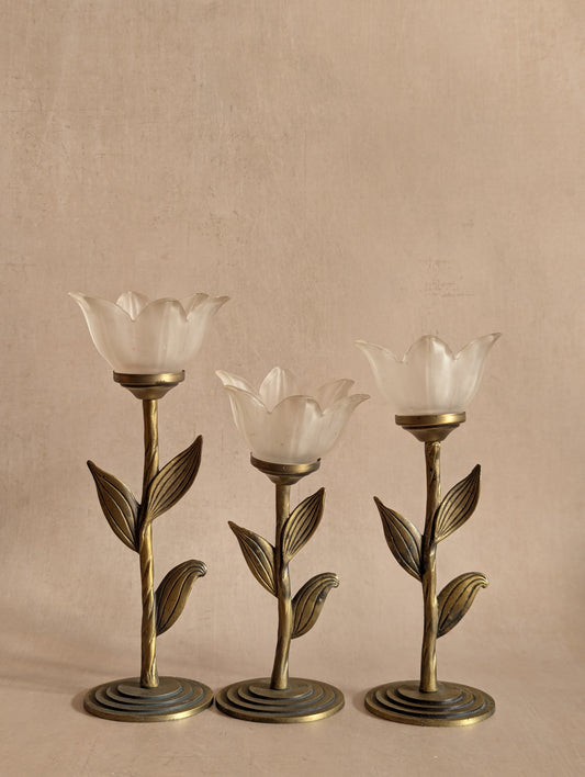 Vintage Frosted Flower Tealight Holders, Set of Three