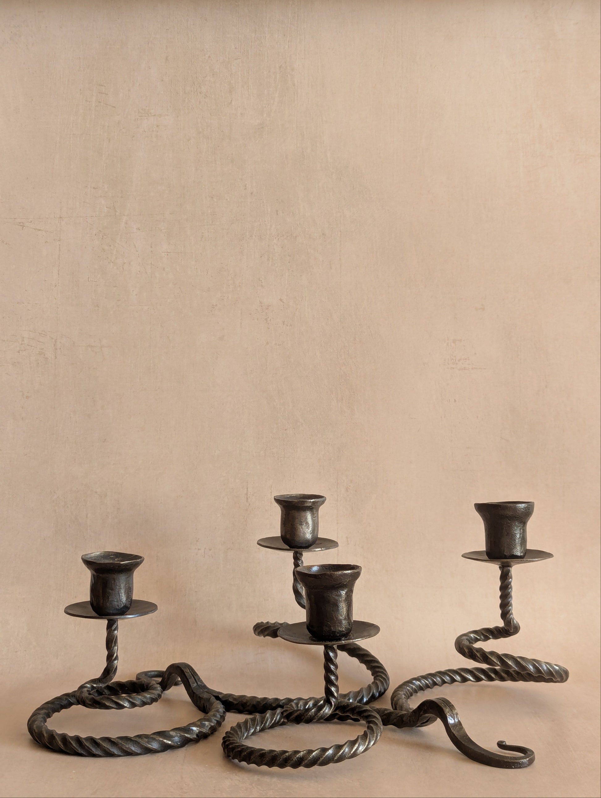 Vintage Gothic Wrought Iron Twisted Candlestick Holders, Set of Two
