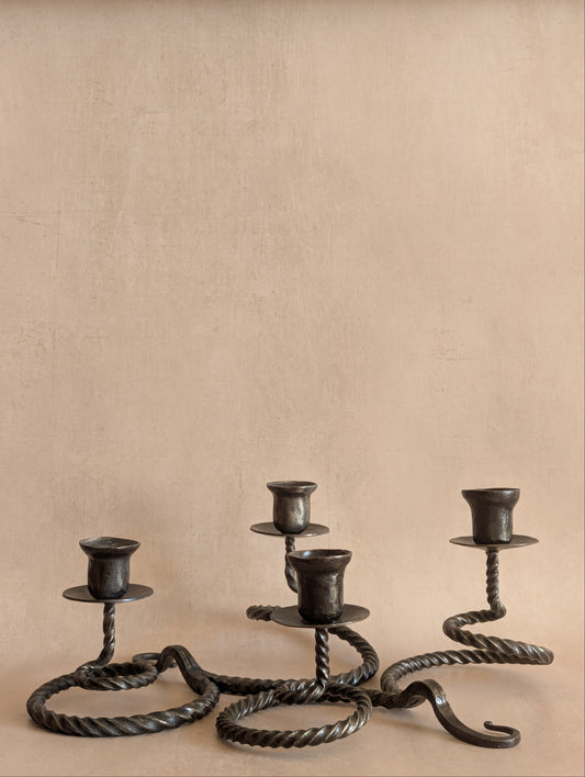 Vintage Gothic Wrought Iron Twisted Candlestick Holders, Set of Two