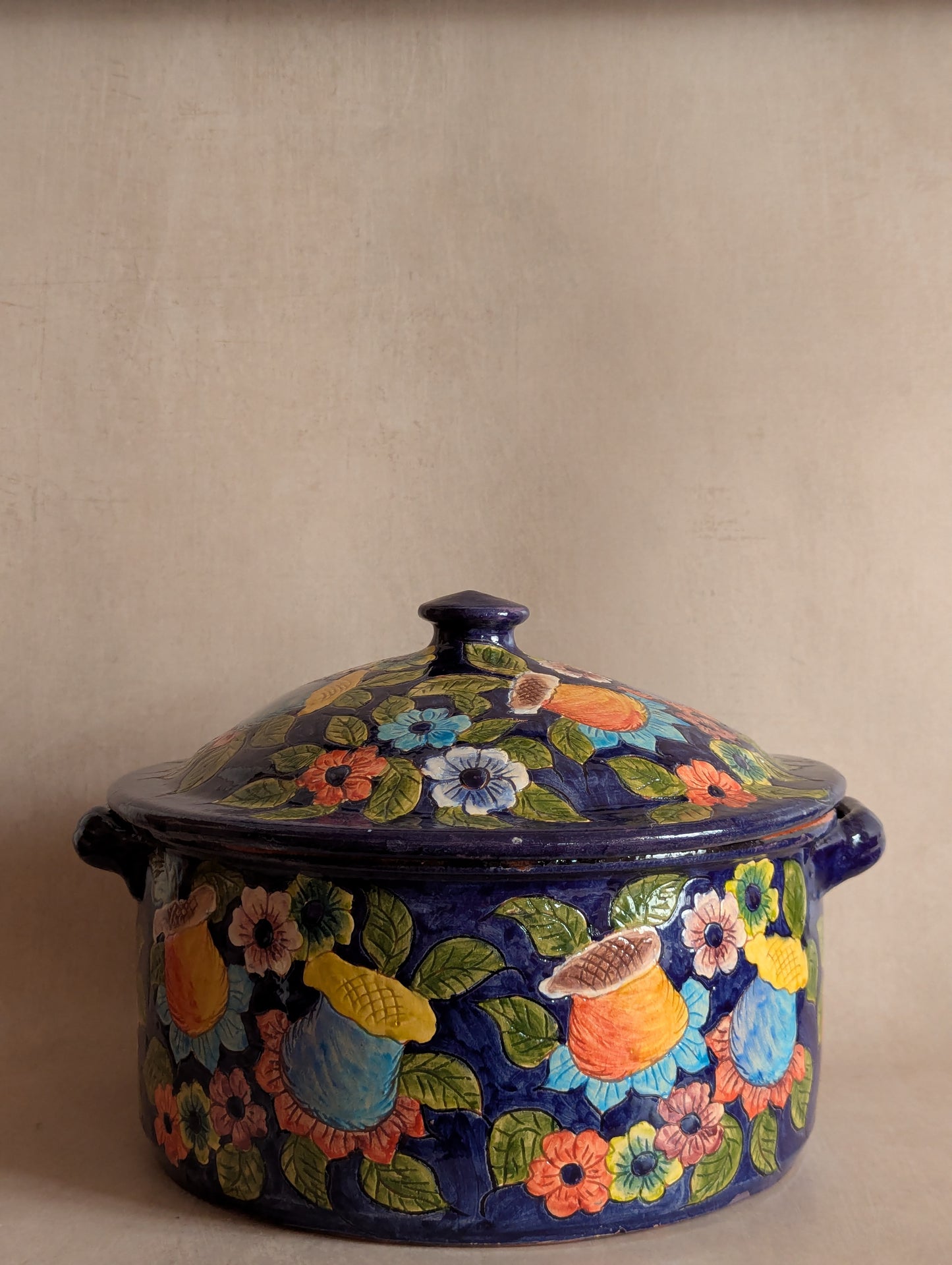 Vintage Hand-Crafted Portuguese Terracotta Large Lidded Casserole Dish